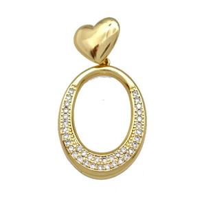 Copper Oval Pendant Pave Zirconia Heart Gold Plated, approx 13mm, 22-30mm