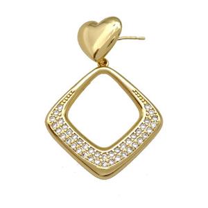 Copper Rhombus Stud Earrings Pave Zirconia Heart Gold Plated, approx 13mm, 28mm
