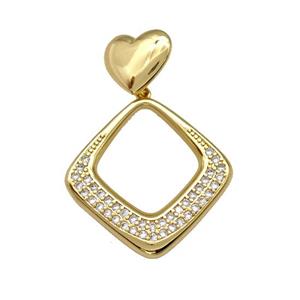 Copper Rhombus Pendant Pave Zirconia Heart Gold Plated, approx 13mm, 28mm