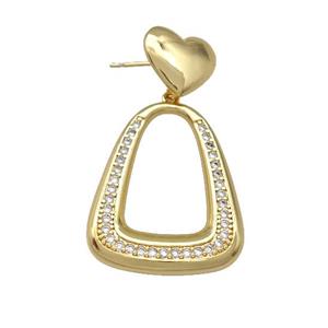 Copper Teardrop Stud Earrings Pave Zirconia Heart Gold Plated, approx 13mm, 24-30mm