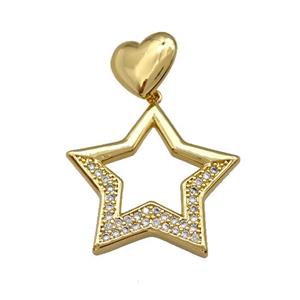 Copper Star Pendant Pave Zirconia Heart Gold Plated, approx 13mm, 30mm
