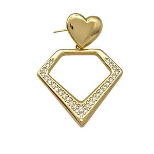 Copper Diamond Stud Earrings Pave Zirconia Heart Gold Plated, approx 13mm, 27-30mm