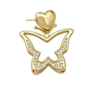 Copper Butterfly Stud Earrings Pave Zirconia Heart Gold Plated, approx 13mm, 27-30mm