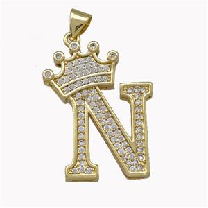 Copper Letter-N Pendant Micro Pave Zirconia Crown Gold Plated, approx 18-25mm
