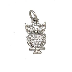 Copper Owl Pendant Pave Zirconia Platinum Plated, approx 8-12mm