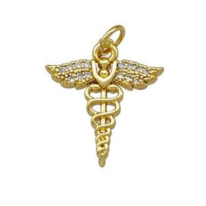 Copper Caduceus Charms Pendant Pave Zirconia Gold Plated, approx 15-16mm