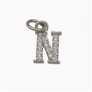 Copper Letter-N Pendant Pave Zircoina Platinum Plated, approx 5-8mm