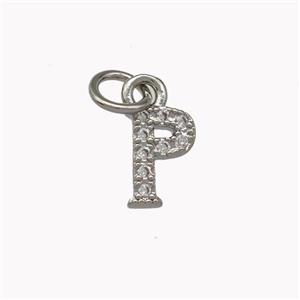 Copper Letter-P Pendant Pave Zircoina Platinum Plated, approx 5-8mm