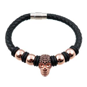 PU leather bracelet with magnetic clasp, skull beads, approx 6mm, 70mm dia