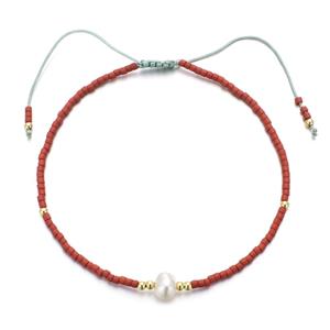 handmade miyuki glass Bracelet with Pearl, adjustable, red, approx 2mm, 16-24cm length