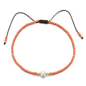 handmade miyuki glass Bracelet with Pearl, adjustable, orange, approx 2mm, 16-24cm length