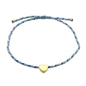 Blue Waxed Fabric Bracelet Heart Adjustable, approx 7mm, 1.6mm, 16-22cm length