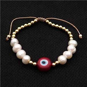 Pearl Bracelet With Lampwork Evil Eye Copper Adjustable, approx 12mm, 8mm, 4mm, 20-24cm length