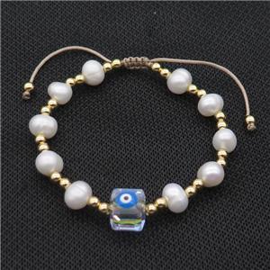 Pearl Bracelet With Evil Eye Copper Adjustable, approx 10mm, 8mm, 4mm, 20-24cm length