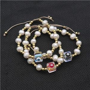 Pearl Bracelet With Evil Eye Copper Adjustable Mixed, approx 10mm, 8mm, 4mm, 20-24cm length