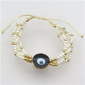 White Pearlized Glass Bracelet Black Evil Eye Adjustable, approx 18mm, 4mm, 20-24cm length