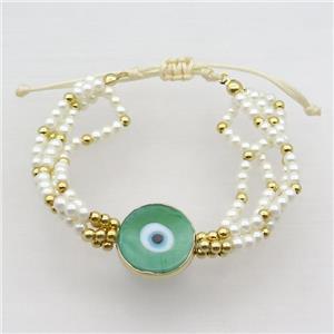 White Pearlized Glass Bracelet Green Evil Eye Adjustable, approx 18mm, 4mm, 20-24cm length