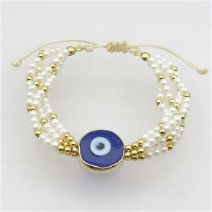 White Pearlized Glass Bracelet Blue Evil Eye Adjustable, approx 18mm, 4mm, 20-24cm length
