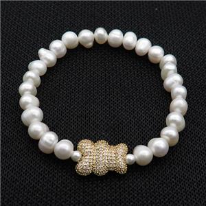 White Pearl Bracelet Bear Pave Zircon Stretchy, approx 12.5-16.5mm, 7-8mm, 16cm length
