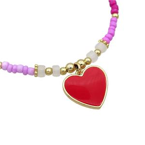 Seed Glass Necklace Red Enamel Heart Clay, approx 17mm, 4mm, 38-43cm length