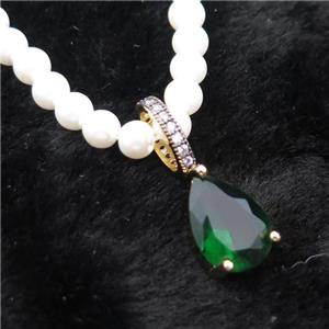 White Pearlized Plastic Necklace Pave Green Crystal Glass Teardrop, approx 10-14mm, 5mm, 40-45cm length