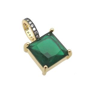 Copper Pendant Pave Green Crystal Glass Square Gold Plated, approx 13mm