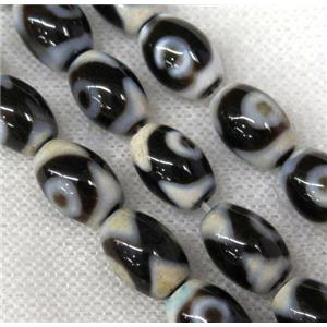 black Tibetan Agate barrel beads with evil eye, approx 8x12mm