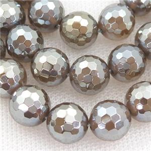 gray agate beads, faceted round, electroplated, approx 6mm dia