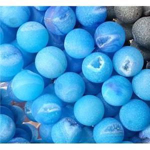 druzy Agate Stone beads, round, frosted, blue, 10mm dia, approx 38pcs per st