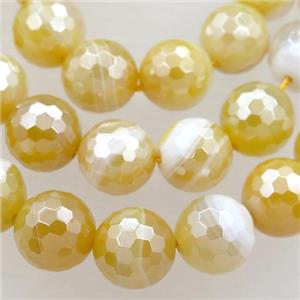 yellow striped Agate Beads, faceted round, light electroplated, approx 10mm dia