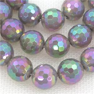 gray Agate Beads, faceted round, rainbow electroplated, approx 8mm dia