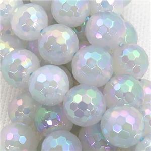 white Agate Beads, faceted round, AB-color electroplated, approx 12mm dia