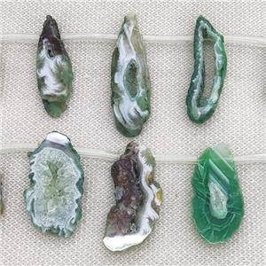 green Agate Geode Druzy slice beads, top-drilled, approx 15-40mm
