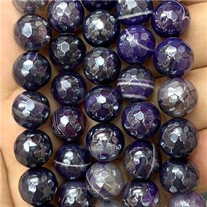 purple striped Agate Beads, faceted round, electroplated, approx 10mm dia