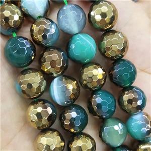Green Stripe Agate Beads Faceted Round Half Gold Plated, approx 12mm dia