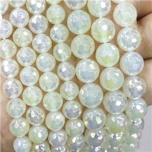 Natural White Agate Beads Faceted Round Gold AB-Color Electroplated, approx 12mm dia