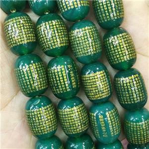 Green Agate Buddhist Beads Barrel Dye Om Mani Padme Hum, approx 13-18mm