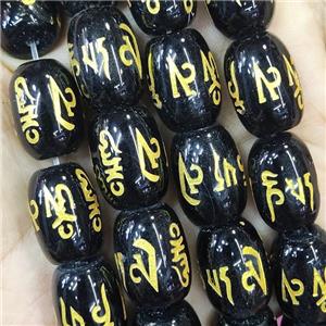 Black Agate Buddhist Beads Barrel Dye Om Mani Padme Hum, approx 13-18mm