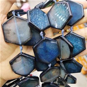 Natural Agate Beads Hexagon Blue Dye, approx 35-40mm, 9pcs per st