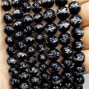 Natural Black Obsidian Beads Round Carved Loong Buddhist, approx 10mm dia