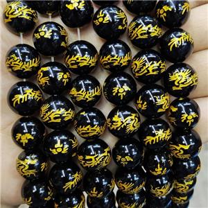 Natural Black Agate Beads Round Carved, approx 14mm dia