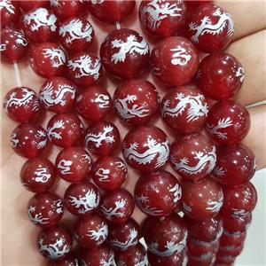 Natural Agate Beads Red Dye Round Carved Dragon, approx 12mm dia