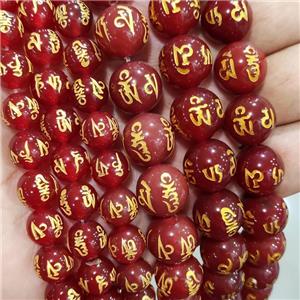 Natural Agate Buddhist Beads Red Dye Round Carved Om Mani Padme Hum, approx 10mm dia