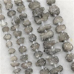 Natural Druzy Quartz Cluster Beads Gray Electroplated, approx 8-12mm