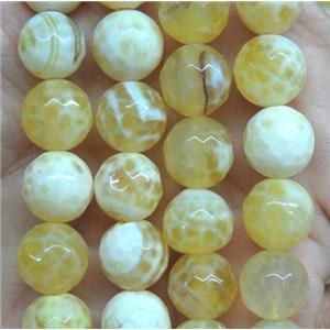 Fire agate beads, faceted round, yellow, approx 8mm dia