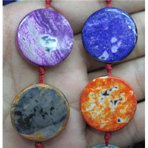 Dichromatic Agate beads, flat-round, mixed color, approx 25mm dia, 13pcs per st