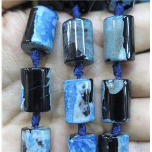 Dichromatic Agate beads, tube, blue, approx 13x18mm, 16pcs per st