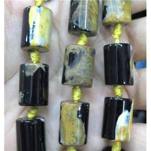 Dichromatic Agate beads, tube, yellow, approx 13x18mm, 16pcs per st