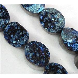 Agate Druzy beads, circle, blue electroplated, approx 12x16mm, 12pcs per st