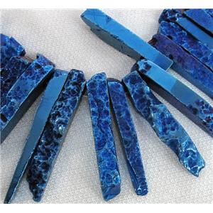 Rock Agate stick beads, blue electroplated, approx 15-70mm